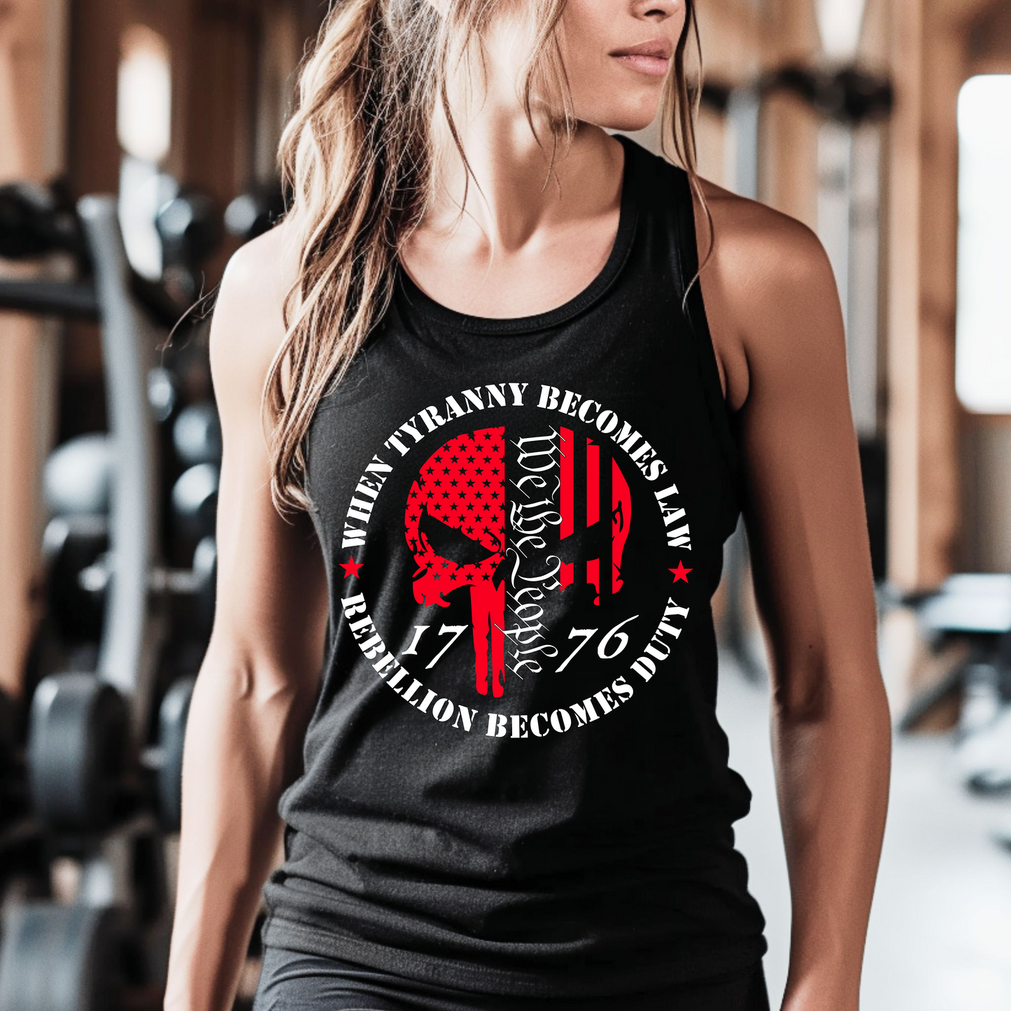 When Tyranny Becomes Law, Rebellion Becomes Duty" Women's Patriotic Tank Top – Freedom Racerback