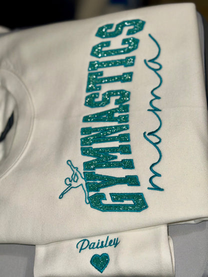 Custom Gymnastics Mama Sweatshirt – Personalized Sleeve Name & Glitter Options
