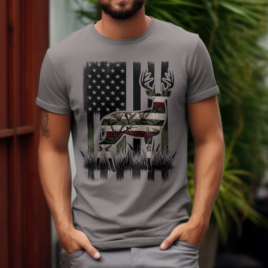 Patriotic Men's Hunting Shirt | American Flag Deer Graphic Tee