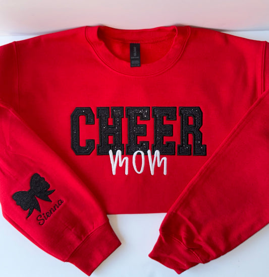 Cheer Mom Custom Appliqué Sweatshirt – Personalized with Name + Glitter Bow