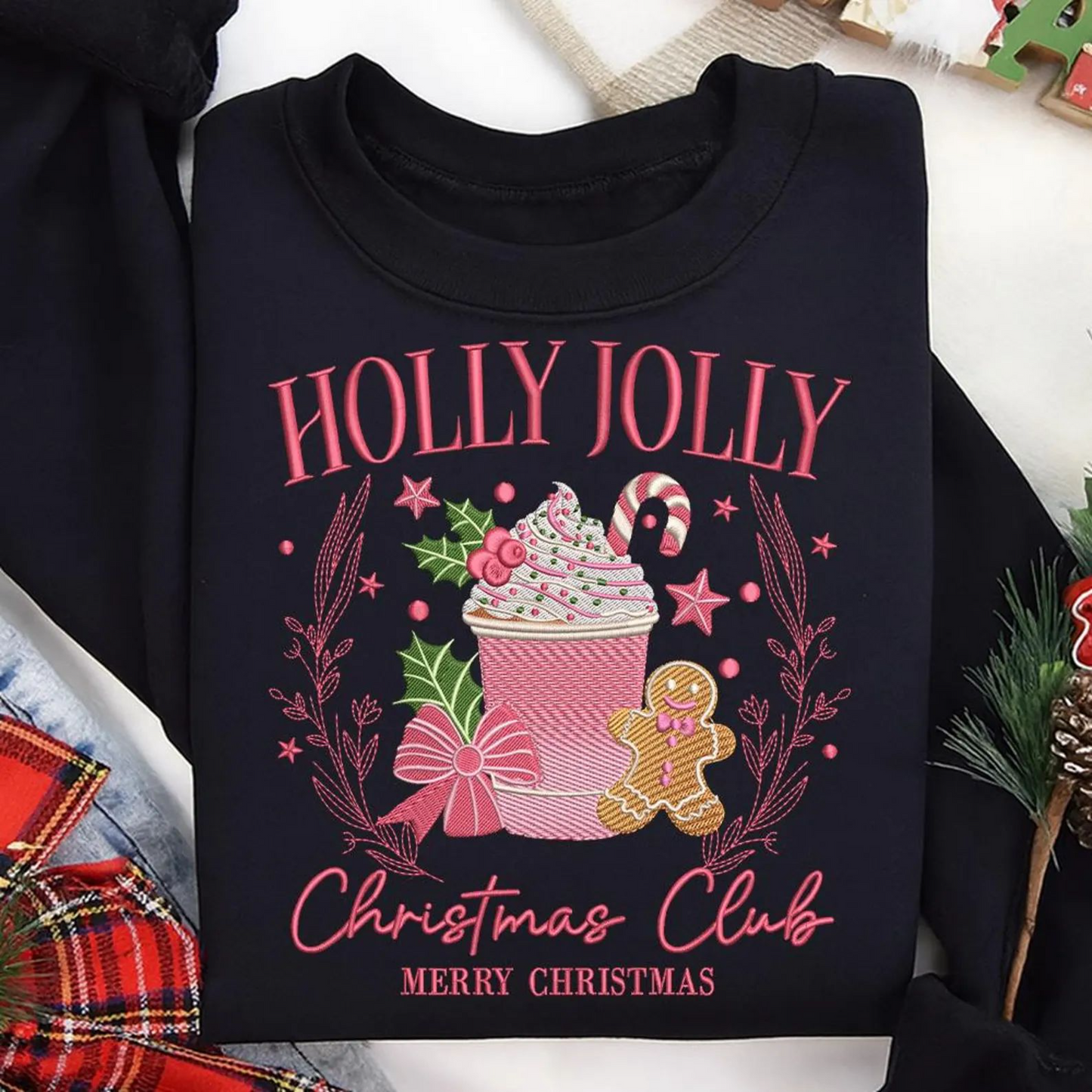 Holly Jolly Christmas Club Embroidered Sweatshirt or T-Shirt | Holiday Coffee Gingerbread Design