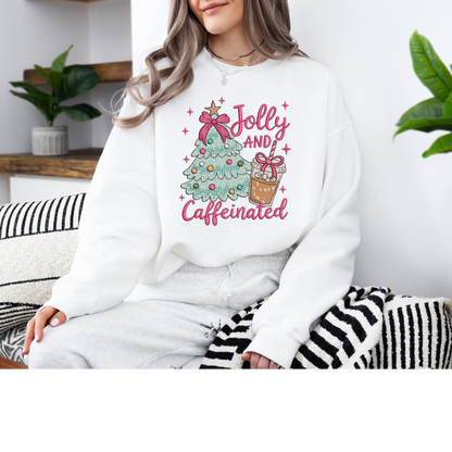 Jolly & Caffeinated Christmas Embroidered Sweatshirt or T-Shirt | Cute Holiday Coffee Design