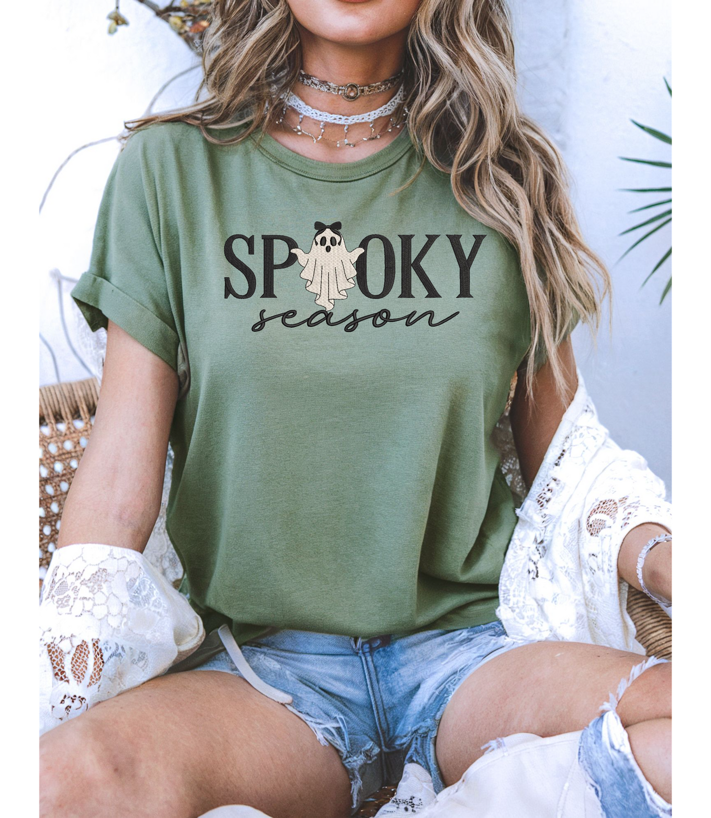 Spooky Season Embroidered Ghost Shirt – Halloween Tee for Fall Vibes